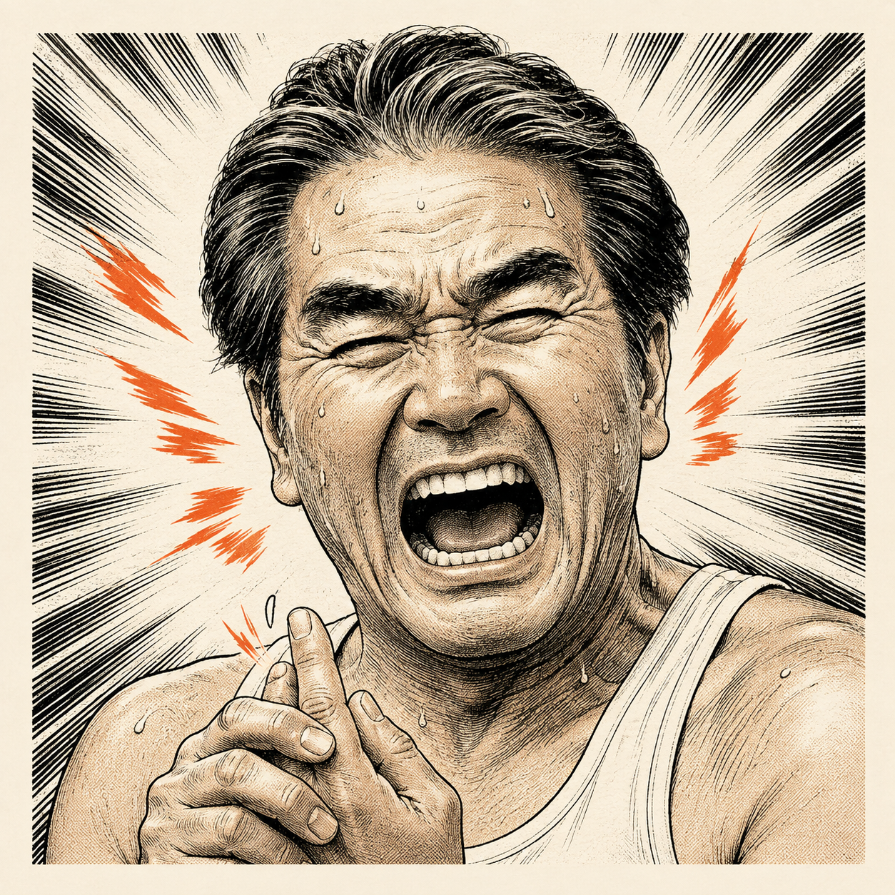 脂汗をかいて叫ぶ父を描いた劇画調のイラスト